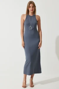 Happiness İstanbul Women's Smoked Halter Neck Summer Steel Knitted Long Dress - Image 7