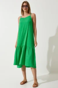 Happiness İstanbul Women's Green Strappy Summer Loose Muslin Dress - Image 2