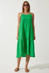 Happiness İstanbul Women's Green Strappy Summer Loose Muslin Dress - Image 3