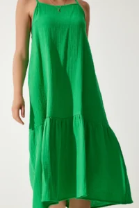 Happiness İstanbul Women's Green Strappy Summer Loose Muslin Dress - Image 5