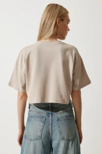 Happiness İstanbul Women's Beige 100% Cotton Oversize Crop Knitted T-Shirt - Image 6