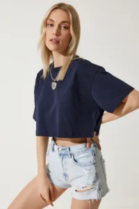 Happiness İstanbul Women's Navy Blue 100% Cotton Oversize Crop Knitted T-Shirt - Image 2