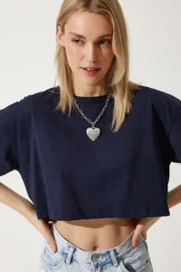 Happiness İstanbul Women's Navy Blue 100% Cotton Oversize Crop Knitted T-Shirt - Image 4