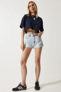 Happiness İstanbul Women's Navy Blue 100% Cotton Oversize Crop Knitted T-Shirt - Image 5