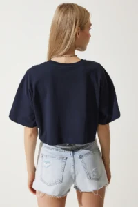 Happiness İstanbul Women's Navy Blue 100% Cotton Oversize Crop Knitted T-Shirt - Image 7