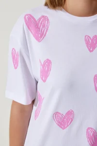 Happiness İstanbul Women's White Pink Heart Printed Oversize Cotton T-Shirt - Image 3