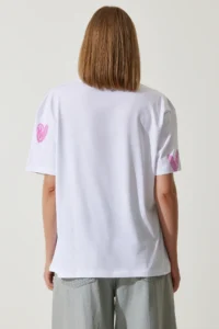 Happiness İstanbul Women's White Pink Heart Printed Oversize Cotton T-Shirt - Image 4