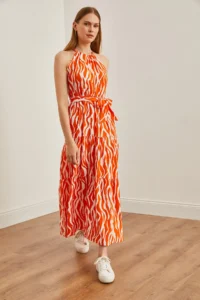 Olalook Women's Zebra Orange White Halter Collar Belted Woven Viscon Dress - Image 3