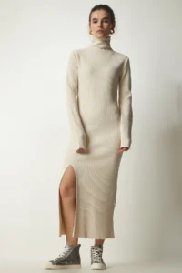 Happiness İstanbul Women Cream Dog collar slit Knit Dress