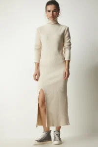 Happiness İstanbul Women Cream Dog collar slit Knit Dress - Image 2
