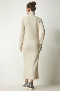 Happiness İstanbul Women Cream Dog collar slit Knit Dress - Image 4