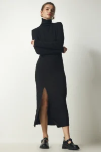 Happiness İstanbul Women's Black High Collar Slit Knitwear Dress - Image 2