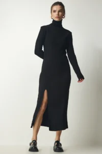 Happiness İstanbul Women's Black High Collar Slit Knitwear Dress - Image 3