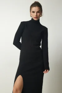 Happiness İstanbul Women's Black High Collar Slit Knitwear Dress - Image 4