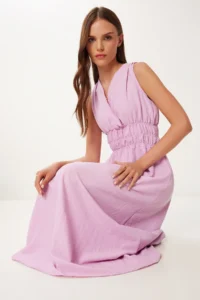 Happiness İstanbul Women's Pink Wrap Collar Midi Woven Dress