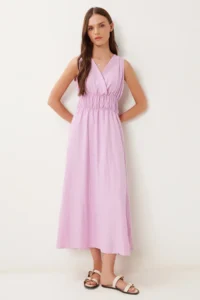 Happiness İstanbul Women's Pink Wrap Collar Midi Woven Dress - Image 2