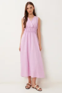 Happiness İstanbul Women's Pink Wrap Collar Midi Woven Dress - Image 3