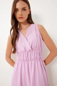 Happiness İstanbul Women's Pink Wrap Collar Midi Woven Dress - Image 5