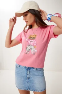 Happiness İstanbul Women's Pink Stone Detailed Teddy Bear Printed Knitted T-Shirt