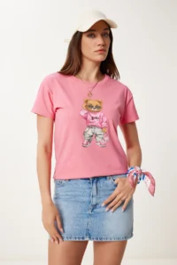 Happiness İstanbul Women's Pink Stone Detailed Teddy Bear Printed Knitted T-Shirt - Image 2