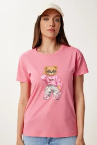 Happiness İstanbul Women's Pink Stone Detailed Teddy Bear Printed Knitted T-Shirt - Image 3