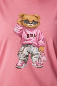Happiness İstanbul Women's Pink Stone Detailed Teddy Bear Printed Knitted T-Shirt - Image 4