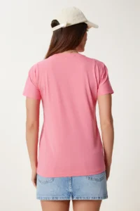 Happiness İstanbul Women's Pink Stone Detailed Teddy Bear Printed Knitted T-Shirt - Image 5