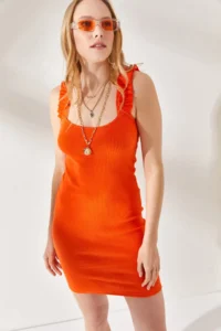 Olalook Women's Orange Strap Frilly Lycra Camisole Dress