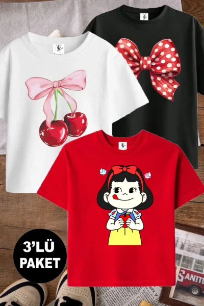 twins tailors Ribbon and Cherry Printed 3-Pack Black-White-Red Girls' T-Shirt