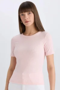 DeFacto Slim Fit Narrow Cut Crew Neck Ribbed Camisole Basic Plain Short Sleeve T-Shirt