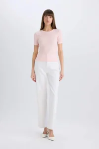 DeFacto Slim Fit Narrow Cut Crew Neck Ribbed Camisole Basic Plain Short Sleeve T-Shirt - Image 2
