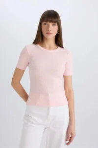 DeFacto Slim Fit Narrow Cut Crew Neck Ribbed Camisole Basic Plain Short Sleeve T-Shirt - Image 3