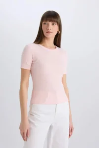 DeFacto Slim Fit Narrow Cut Crew Neck Ribbed Camisole Basic Plain Short Sleeve T-Shirt - Image 4