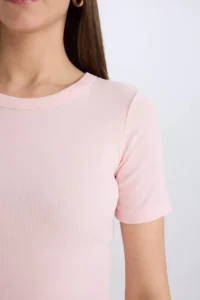 DeFacto Slim Fit Narrow Cut Crew Neck Ribbed Camisole Basic Plain Short Sleeve T-Shirt - Image 5