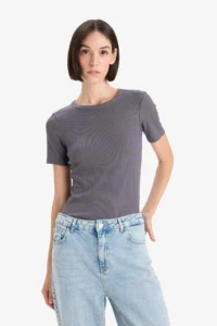 DeFacto Slim Fit Narrow Cut Crew Neck Basic Plain Ribbed Camisole Short Sleeve T-Shirt - Image 3