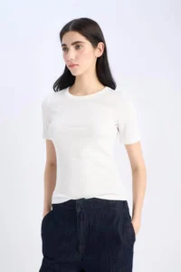 DeFacto Slim Fit Crew Neck Basic Plain Ribbed Camisole Short Sleeve T-Shirt - Image 6
