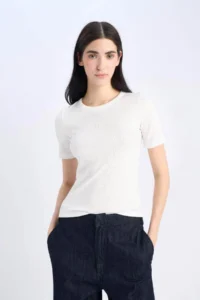 DeFacto Slim Fit Crew Neck Basic Plain Ribbed Camisole Short Sleeve T-Shirt - Image 7
