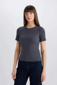 DeFacto Short Sleeve Anthracite Women T-Shirt C0097AX/AR191 - Image 3