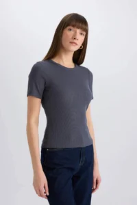 DeFacto Short Sleeve Anthracite Women T-Shirt C0097AX/AR191 - Image 4
