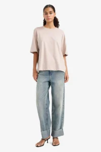 DeFacto Oversize Wide Fit Crew Neck Combed Cotton Basic Plain Short Sleeve T-Shirt - Image 2