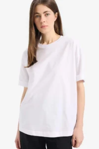 DeFacto Oversize Wide Fit Crew Neck Combed Cotton Basic Plain Short Sleeve White T-Shirt