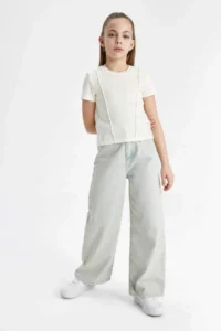 DeFacto Slim Fit Narrow Cut Crew Neck Ribbed Short Sleeve T-Shirt Girl Child - Image 2