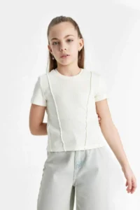 DeFacto Slim Fit Narrow Cut Crew Neck Ribbed Short Sleeve T-Shirt Girl Child - Image 3