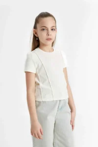 DeFacto Slim Fit Narrow Cut Crew Neck Ribbed Short Sleeve T-Shirt Girl Child - Image 4