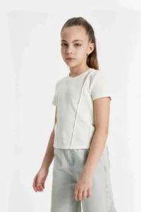 DeFacto Slim Fit Narrow Cut Crew Neck Ribbed Short Sleeve T-Shirt Girl Child - Image 5