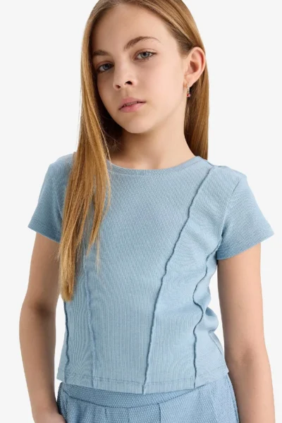 DeFacto Slim Fit Narrow Cut Crew Neck Basic Plain Rib Short Sleeve T-Shirt Girl Child