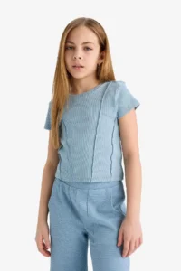 DeFacto Slim Fit Narrow Cut Crew Neck Basic Plain Rib Short Sleeve T-Shirt Girl Child - Image 3