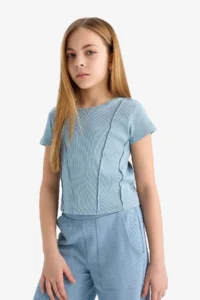 DeFacto Slim Fit Narrow Cut Crew Neck Basic Plain Rib Short Sleeve T-Shirt Girl Child - Image 4