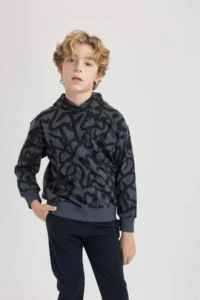 DeFacto Boy's Oversize Wide Fit Patterned Hooded Sweatshirt - Image 3