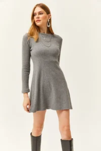 Olalook Women's Smoked Crew Neck Skirt Flared Corduroy Dress - Image 2